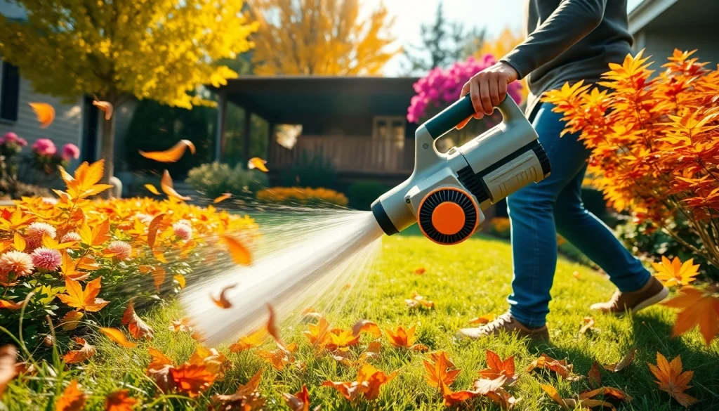 Using an electric leaf blower to clear autumn leaves in a vibrant garden.