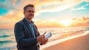 Engaging image of a journalist representing South Florida Reporter by the beach at sunset.