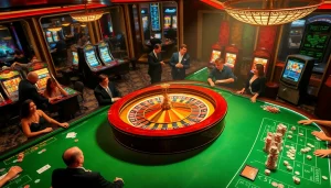 Rasakan sensasi Datuk Win di kasino yang ramai dengan roulette dan pemain yang antusias.