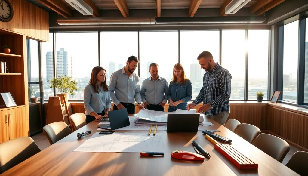 Builders engaged in teamwork, highlighting the Texas association of builders in a modern office.