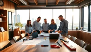 Builders engaged in teamwork, highlighting the Texas association of builders in a modern office.