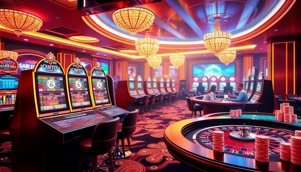 Experience the thrill of online gambling with the engaging interface at https://ok88.tech/, featuring vibrant casino elements like slot machines and poker tables.