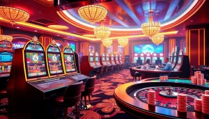 Experience the thrill of online gambling with the engaging interface at https://ok88.tech/, featuring vibrant casino elements like slot machines and poker tables.