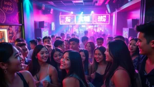 展示上海吃瓜网活动现场的活力夜生活场景，色彩丰富，人群热闹。