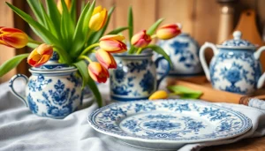 Verken delfts blauwe stof met prachtig keramiek en bloemenarrangement.