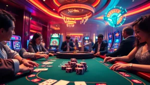 Excited players engage at an MK8-themed casino table, showcasing luxury gaming elements.
