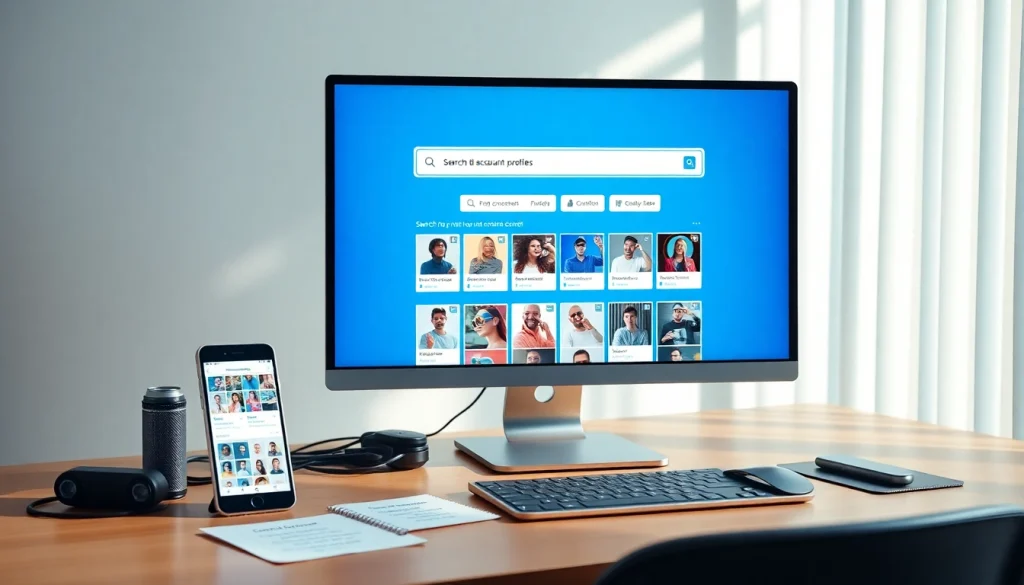 Visual representation of an onlyfans account search engine interface on a desk, showcasing user-friendly features and creator thumbnails.