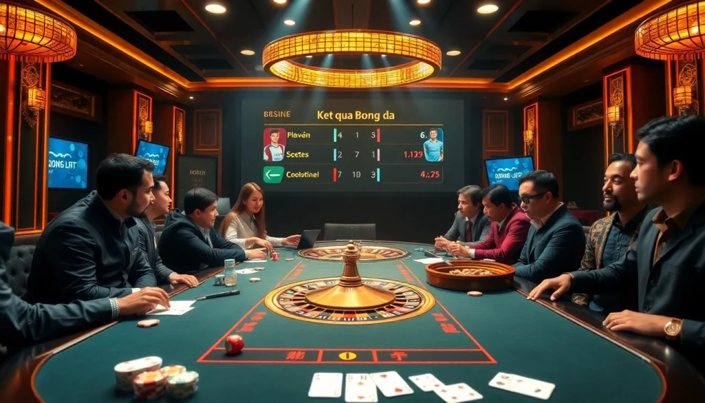 Ket qua bong da displayed on a luxurious casino table filled with poker chips and cards.