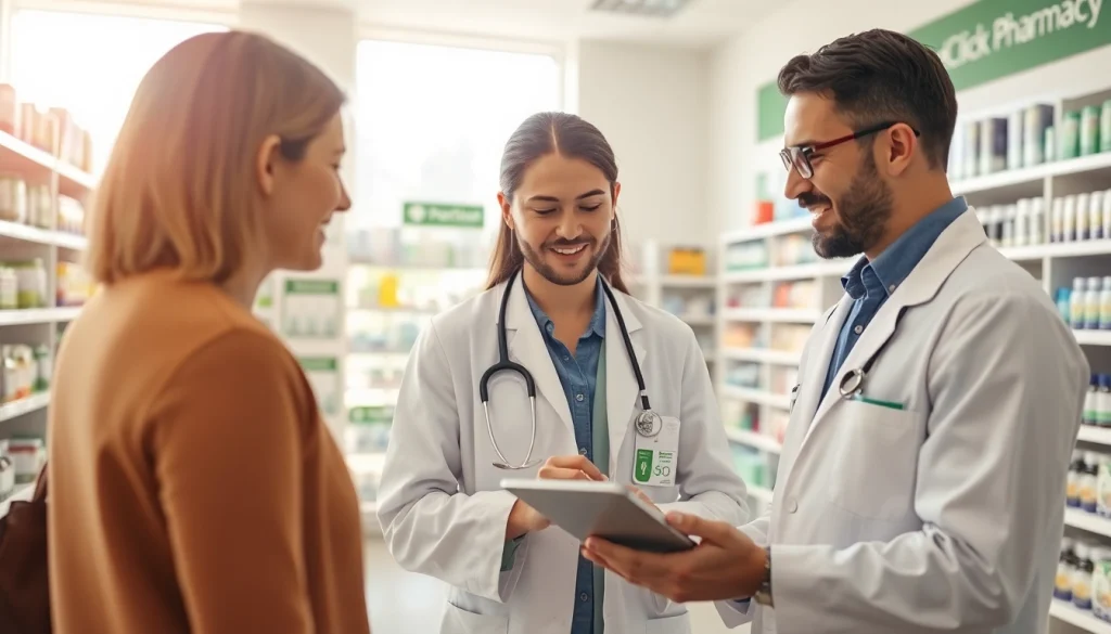MediClick Pharmacy's pharmacist providing expert advice to a customer in a bright, welcoming environment.