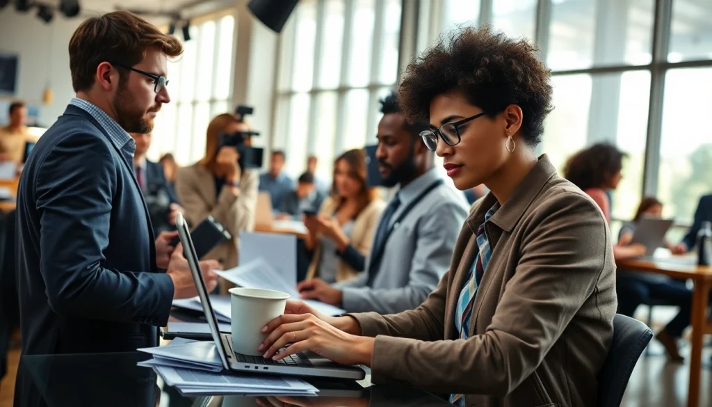 Journalists reporting in a lively newsroom about Usa Today news and events.