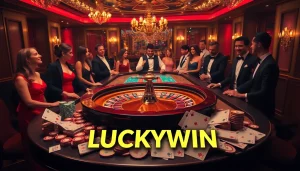 Experience the thrill of LUCKYWIN at a luxurious casino with vibrant roulette and poker action.