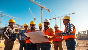 Construction association North Carolina workers collaborating on building plans at a vibrant job site.