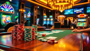 Thrilling casino scene with poker chips and cards on trang chủ tobet88 giving a vibrant gambling atmosphere.