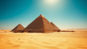 View of the Great Pyramid and nearby piraminds against a bright desert landscape.