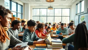 Education-focused scene in a modern classroom with diverse students collaborating.