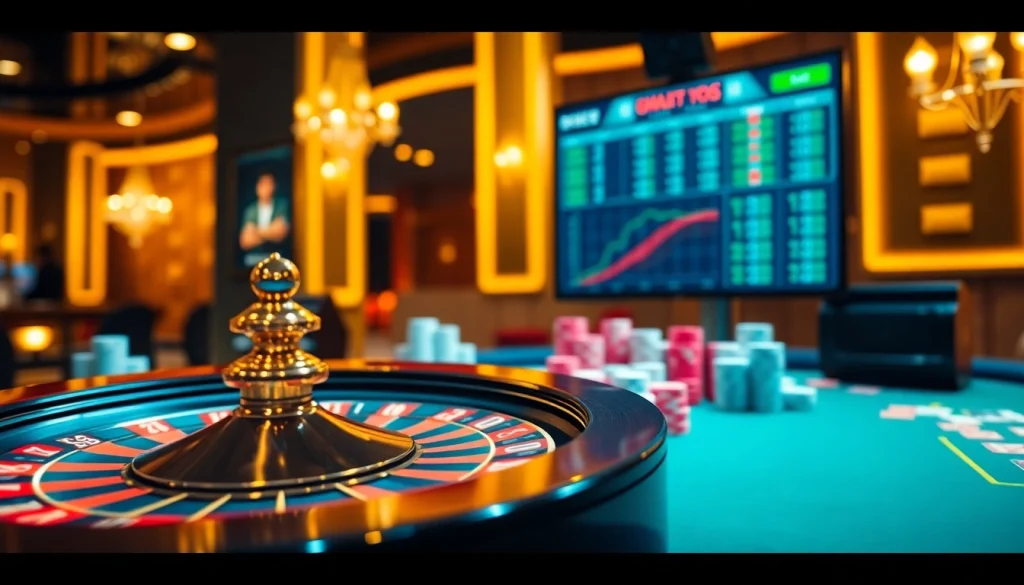 Engaging casino scene featuring Nhà cái QQ88 with roulette, poker chips, and vibrant lights.