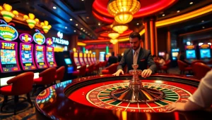 Exciting gaming action at the trang chủ rr88 casino, featuring roulette and vibrant slot machines.