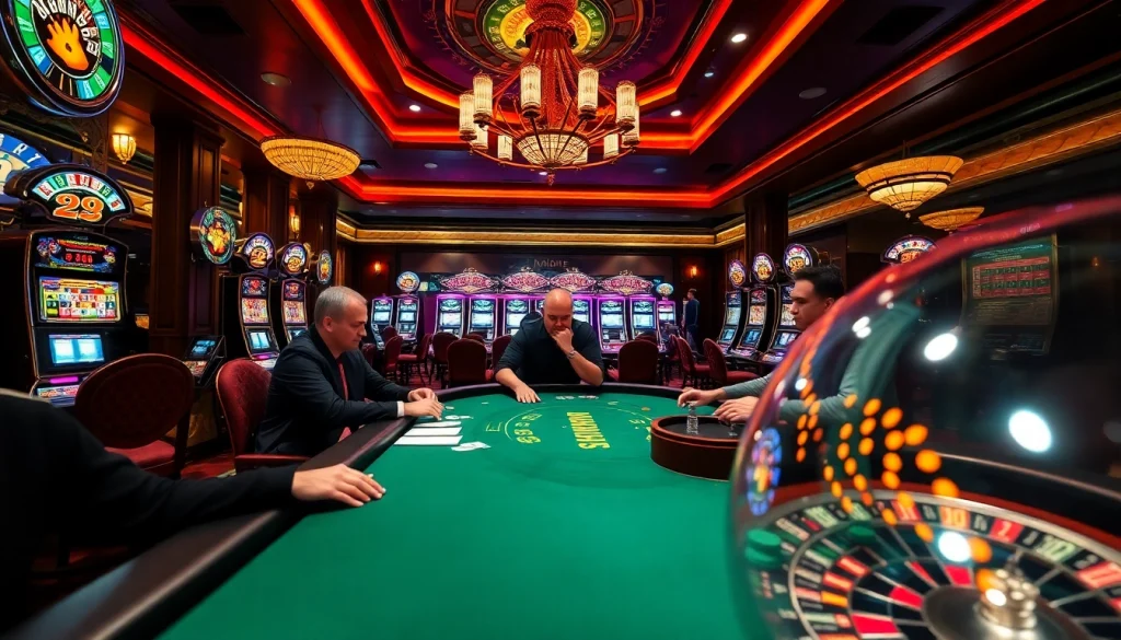 Nohu gamblers strategizing over a high-stakes poker table amidst vibrant casino lights.