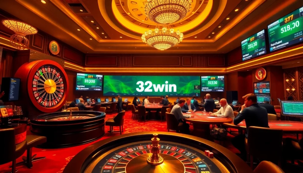 Experience the excitement of gaming at 32win with players engaged at poker tables and a roulette wheel.