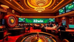 Experience the excitement of gaming at 32win with players engaged at poker tables and a roulette wheel.