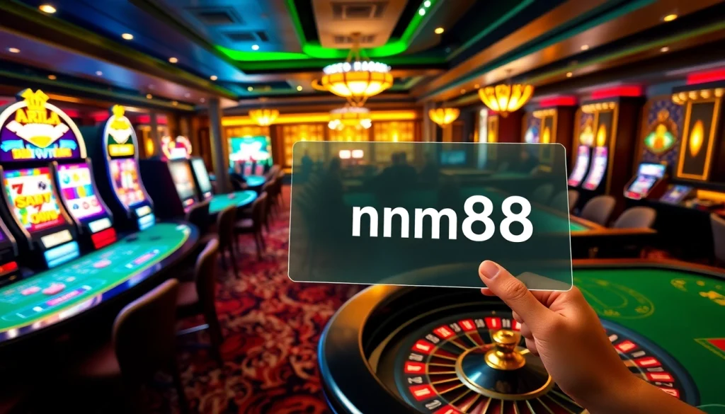 Action-packed casino scene with players using the link mm88 to access games and connections on their devices.