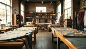 Stoffen voor kleding maken op een stijlvolle werktafel in een modern atelier.