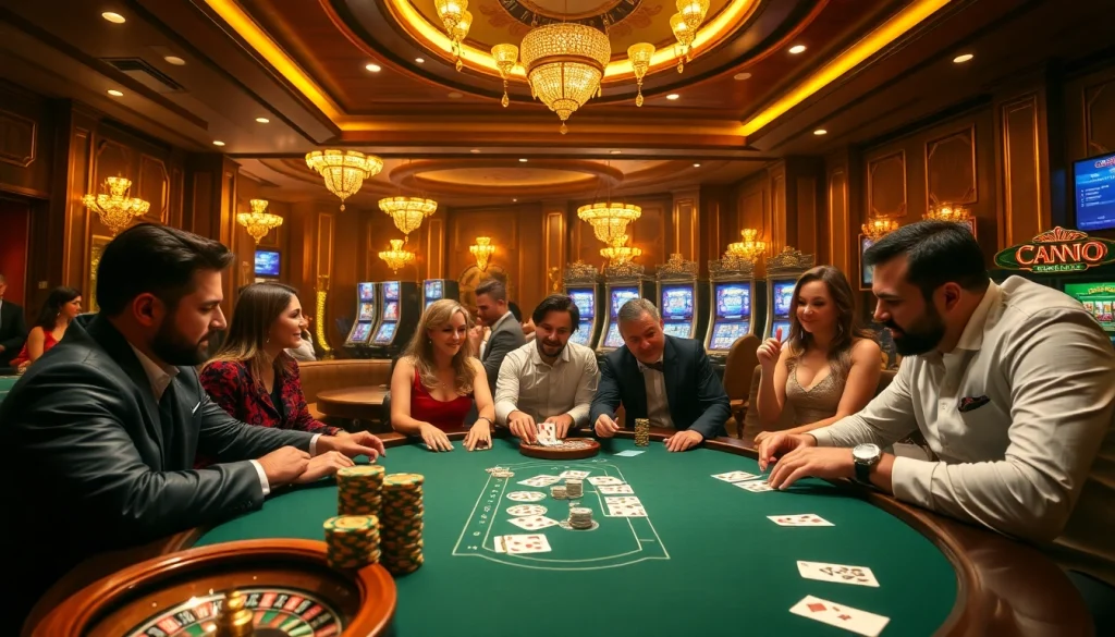 La scène vibrante d'un meilleur casino en ligne incluant des tables de poker, des roues de roulette, et des joueurs excités.