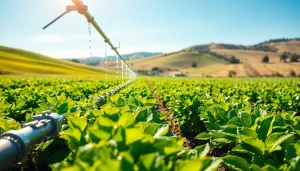Land irrigation systems enhancing crop growth in a bright agricultural landscape.