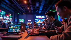 MM88 online gaming platform showcasing diverse players engaging on multiple devices in an inviting virtual environment.