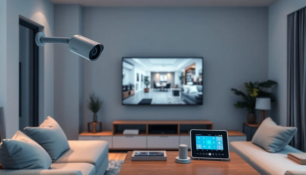 Sistema de seguridad para el hogar con dispositivos de alarmas de seguridad, que incluyen una cámara y un panel de control.