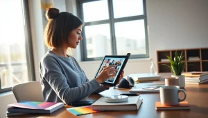 Image to prompt demonstrating a creative workspace with a woman generating AI image prompts using a tablet and natural light.