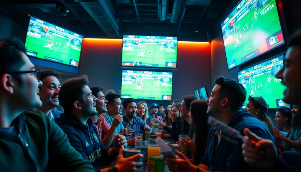 Engaged fans experiencing the thrill of sports betting at 토토스토리 in a lively venue.