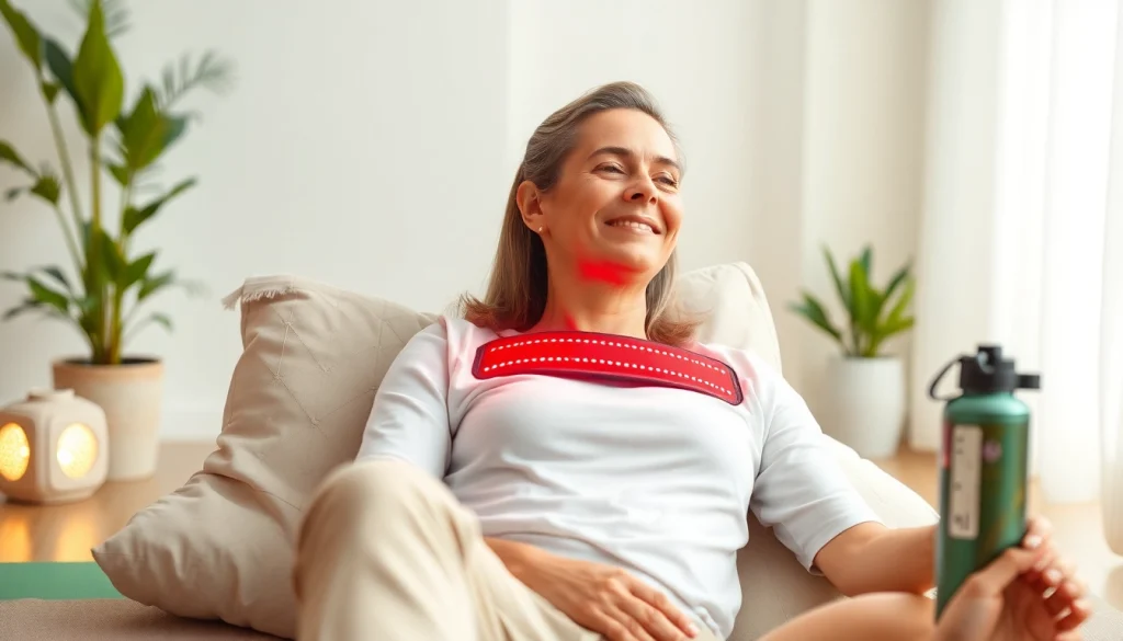 Person experiencing relief with a red light therapy belt in a peaceful home setting, promoting wellness.