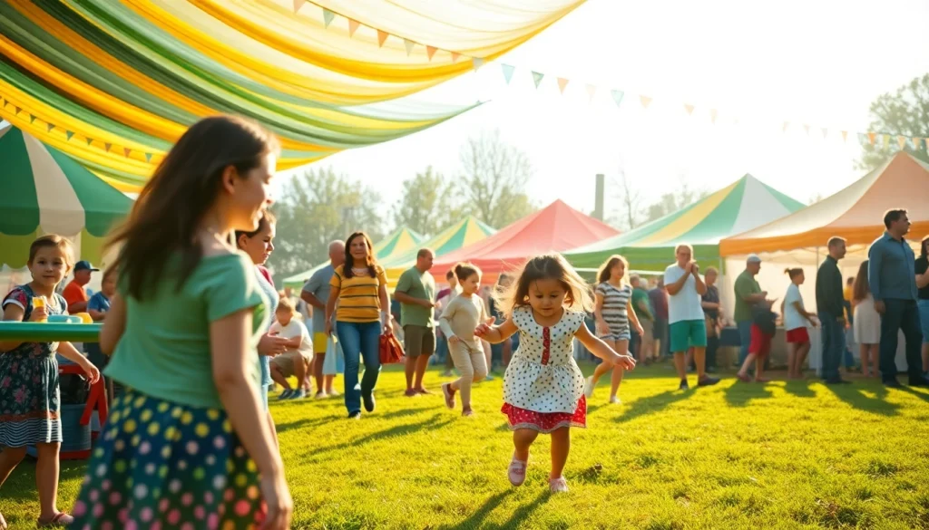 Engaging Clarksburg events scene featuring families and festival tents under morning light.