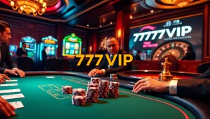 Experience the thrilling ambiance of 777VIP with a luxurious poker table and vibrant casino elements.