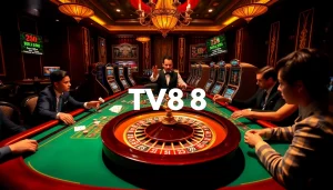 Exciting casino scene with players engaging at the roulette table and dice, showcasing TV88's premium gambling experience.