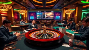 An exciting casino scene with engaging players at tables featuring poker and roulette, promoting https://gg88.gold/ as a premier online gambling platform.