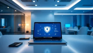 整洁办公桌上的快连 VPN 界面，展示先进的安全工具，置于现代办公室环境中。