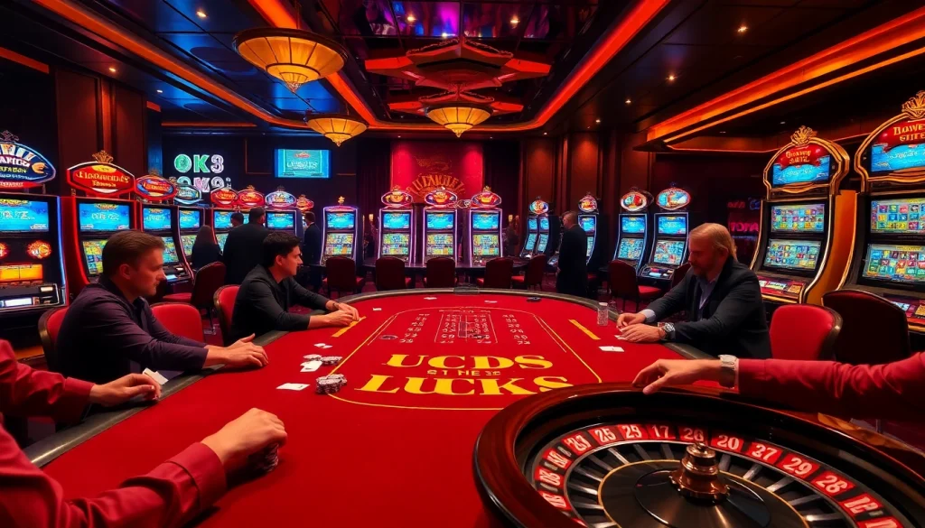 Players enjoying a thrilling game at the LUCK8 casino table with colorful poker chips.