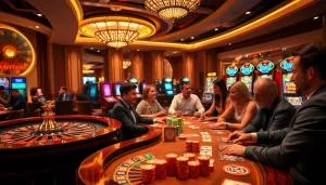 Scène captivante de joueurs dans un meilleur casino en ligne avec des tables de roulette et de poker.