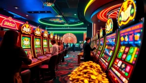 Players experience excitement at the JAMUSlot casino, highlighting vibrant slot machines and dynamic gambling action.