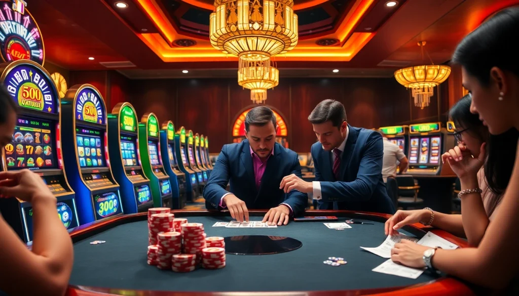 Engaging players at jun88site.com enjoying high-stakes poker and vibrant slot machines.