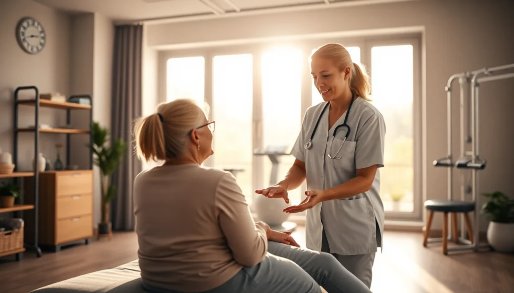 Physiotherapie in einer modernen Klinik mit einer Patientin und einer Physiotherapeutin.