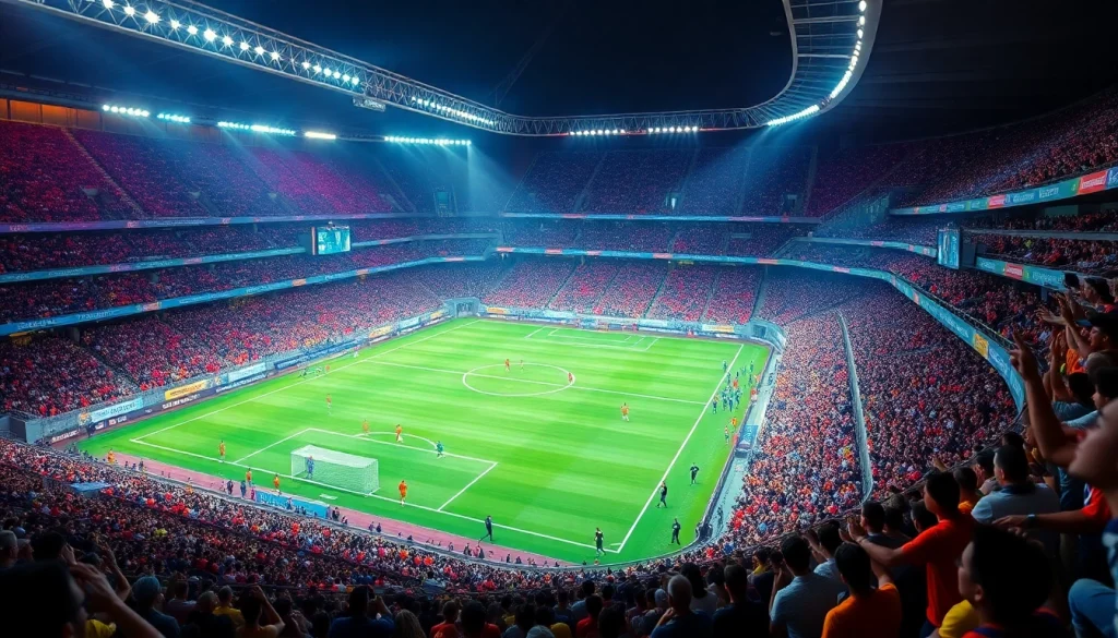 Exciting football stadium scene with live betting tỷ lệ kèo and cheering fans.