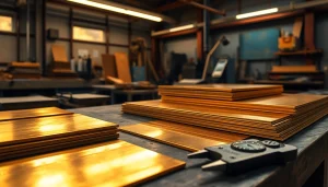 Foi de alamă (Tabla alama) așezate pe un banc de lucru, evidențiind măiestria și precizia în prelucrarea metalelor.