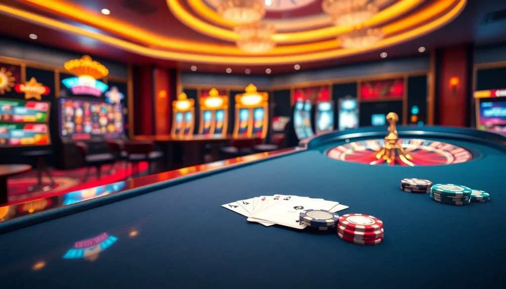 Scène captivante du meilleur casino en ligne avec table de poker, roue de roulette et machines à sous vibrantes.