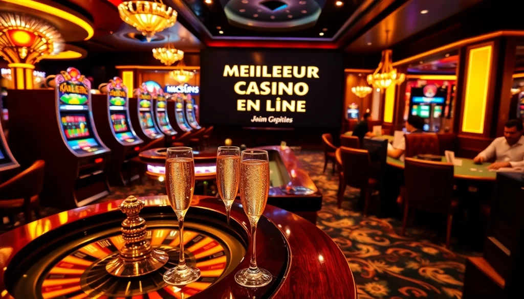 Scène engageante d'un casino vibrant montrant des joueurs profitant des jeux au meilleur casino en ligne.