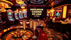 Scène engageante d'un casino vibrant montrant des joueurs profitant des jeux au meilleur casino en ligne.