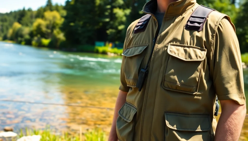 Showcasing a fly fishing vest with multiple pockets and features in a serene fishing environment.