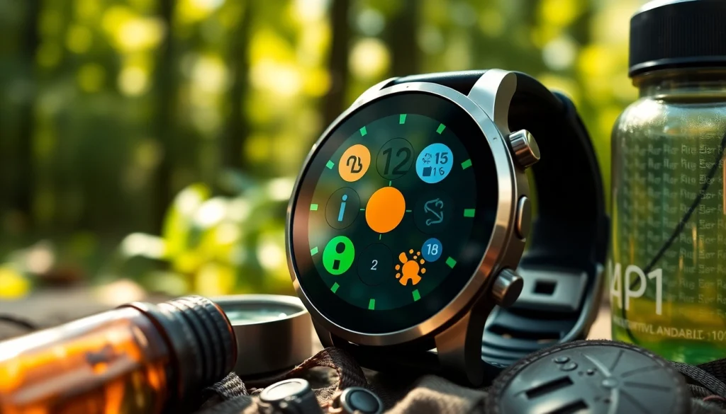 Engaging Explorer GPS Smart Watch showcasing features in an outdoor setting with hiking gear.